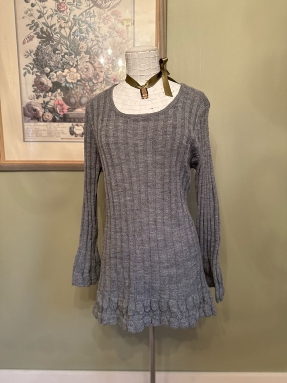 🇨🇦 Feelings Grey Ribbed Wool-Blend Ruffle Hem Tunic Sweater
